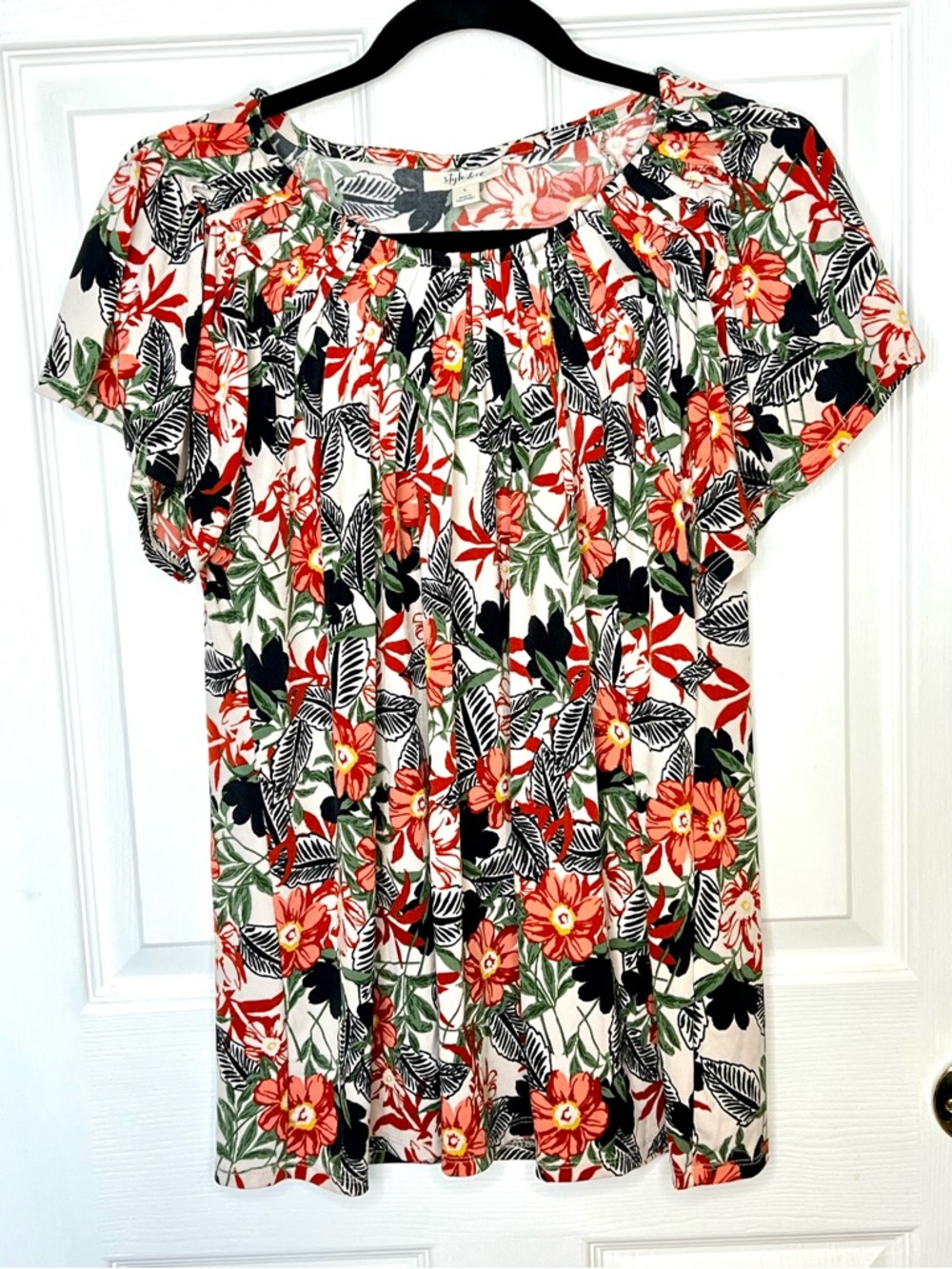 Style & Co Tropical Vacation Floral Top Gathered Neck Blouse Large